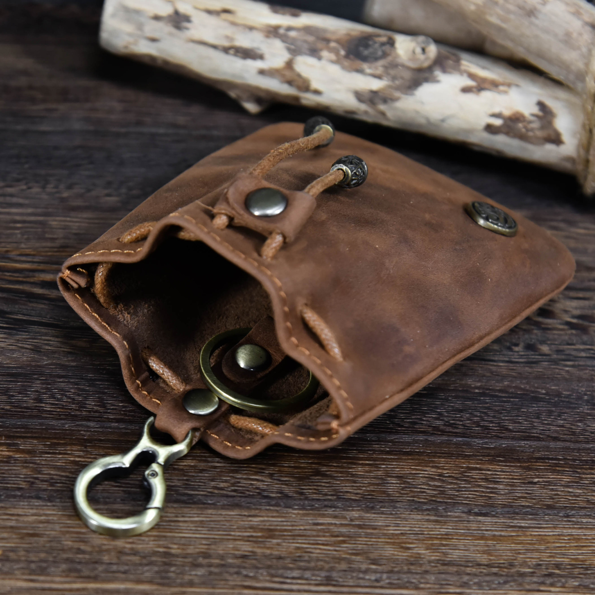 Light Brown Vintage Crazy Horse Leather Coin Purse Handmade Drawstring Pouch view 2