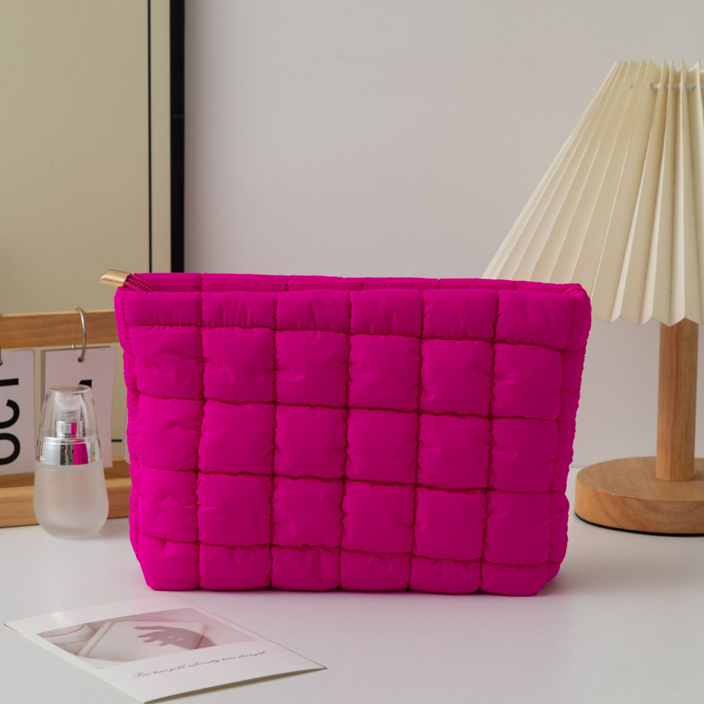 Rose Red 2 Pack Quilted Puffer Clutch Bag Set Checkered Makeup Pouch Women