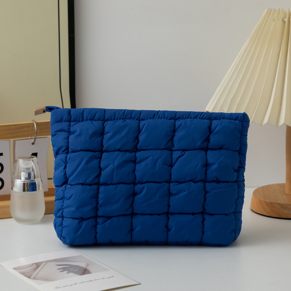 Blue 2 Pack Quilted Puffer Clutch Bag Set Checkered Makeup Pouch Women Fashion