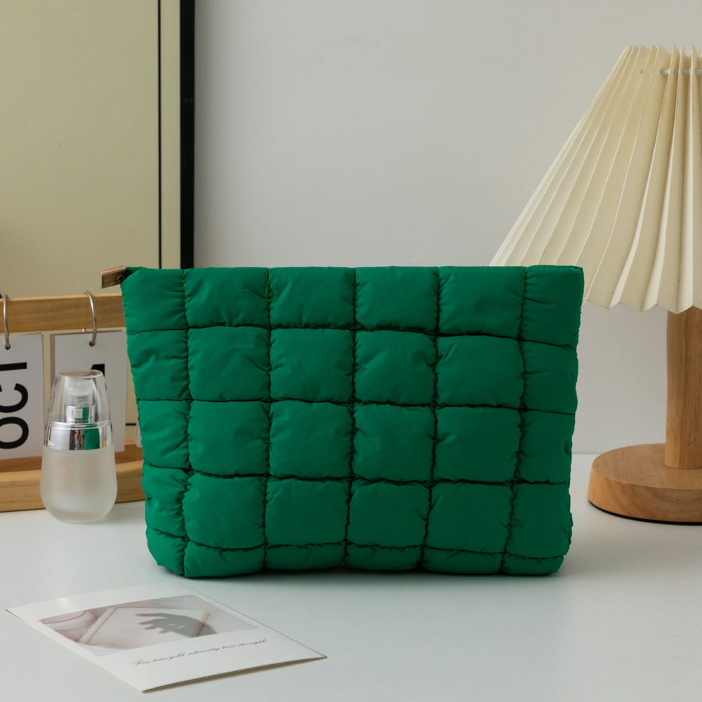 Green 2 Pack Quilted Puffer Clutch Bag Set Checkered Makeup Pouch Women