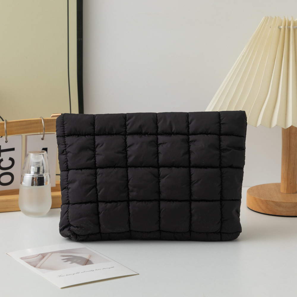 Black 2 Pack Quilted Puffer Clutch Bag Set Checkered Makeup Pouch Women