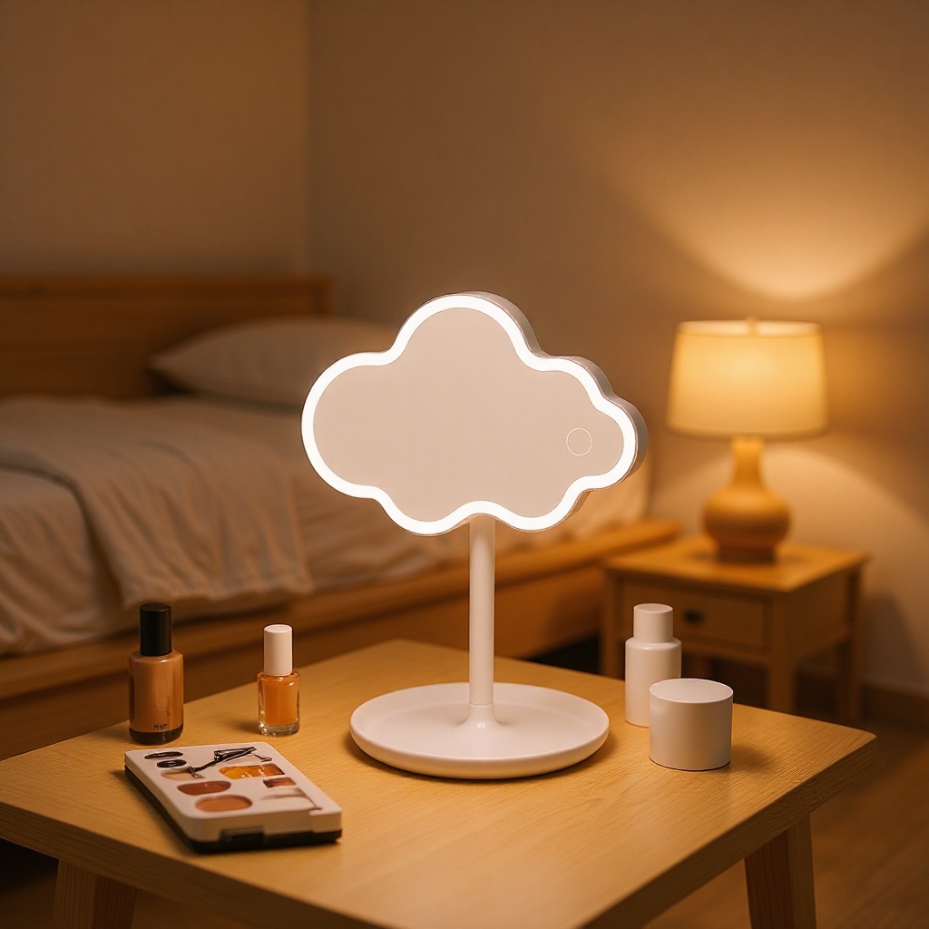 Blue Cute Cloud Shaped LED Makeup Mirror Desktop Vanity Light with Storage view 2