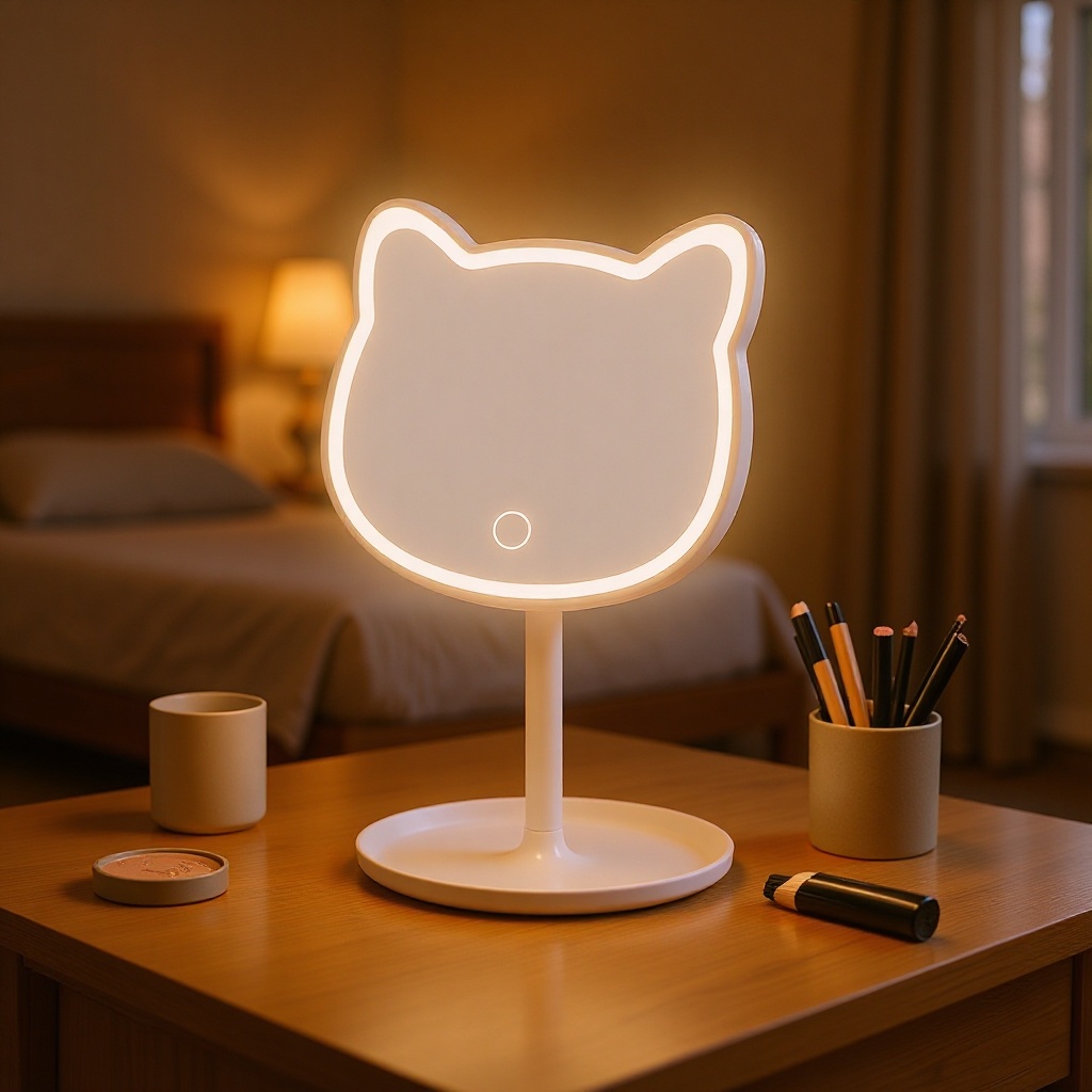 Cute Cat Ear LED Makeup Mirror Desktop Vanity Light with Storage Tray