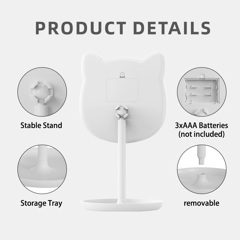 Cute Cat Ear LED Makeup Mirror Desktop Vanity Light with Storage Tray view 4