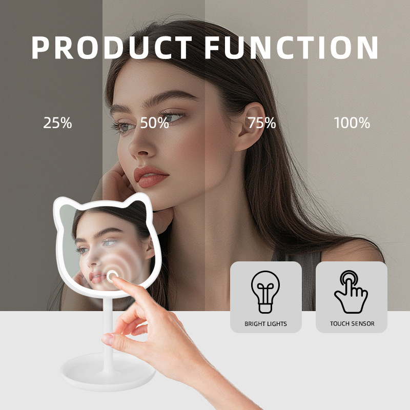 Cute Cat Ear LED Makeup Mirror Desktop Vanity Light with Storage Tray view 5