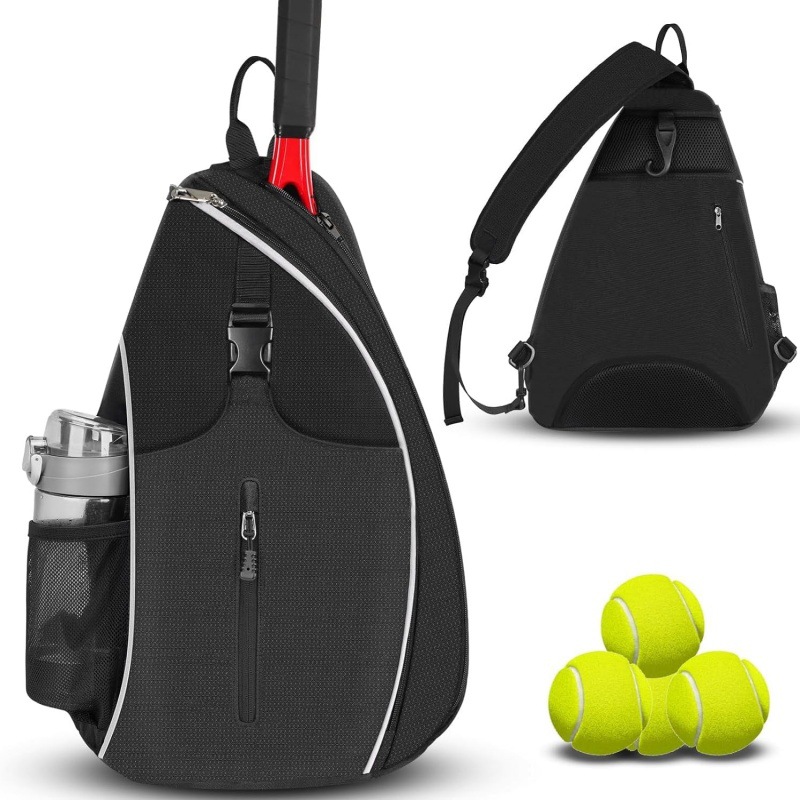 Black Tennis Sling Bag Badminton Backpack Crossbody Racket Holder for