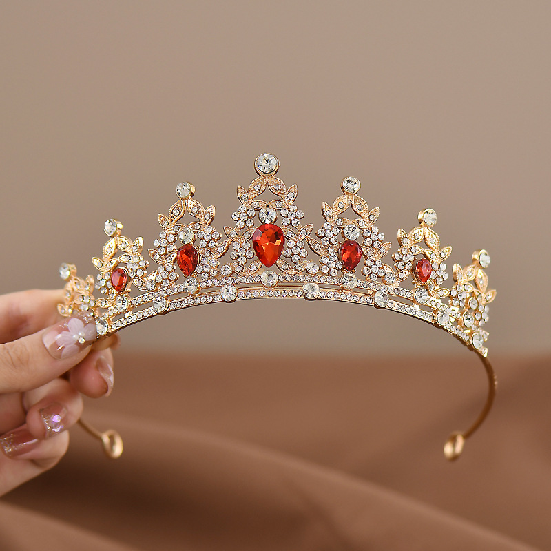 Golden-red Girls Princess Tiara Crown Crystal Rhinestone Headpiece 14cm