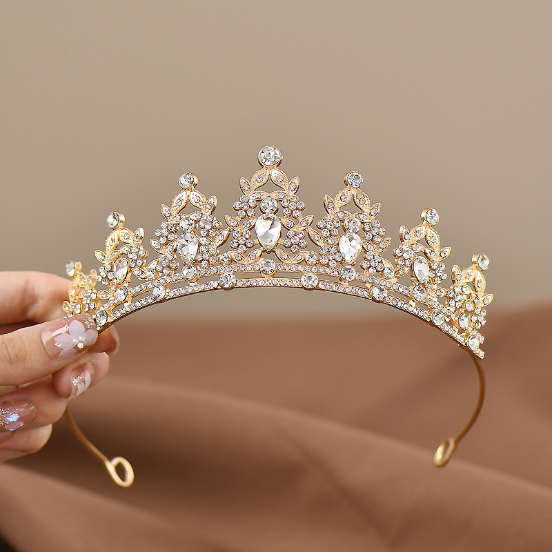 Golden-white Girls Princess Tiara Crown Crystal Rhinestone Headpiece 14cm