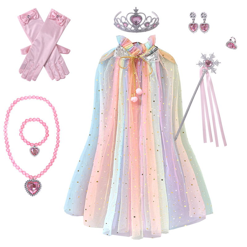 Pink Girls Rainbow Princess Costume Cape Set with Tiara Wand Gloves and