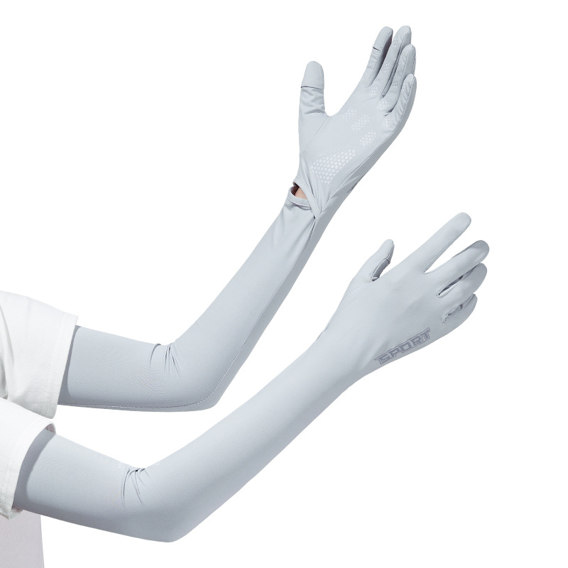 Grey Cooling UV Protection Arm Sleeves Long Sun Block Gloves Breathable