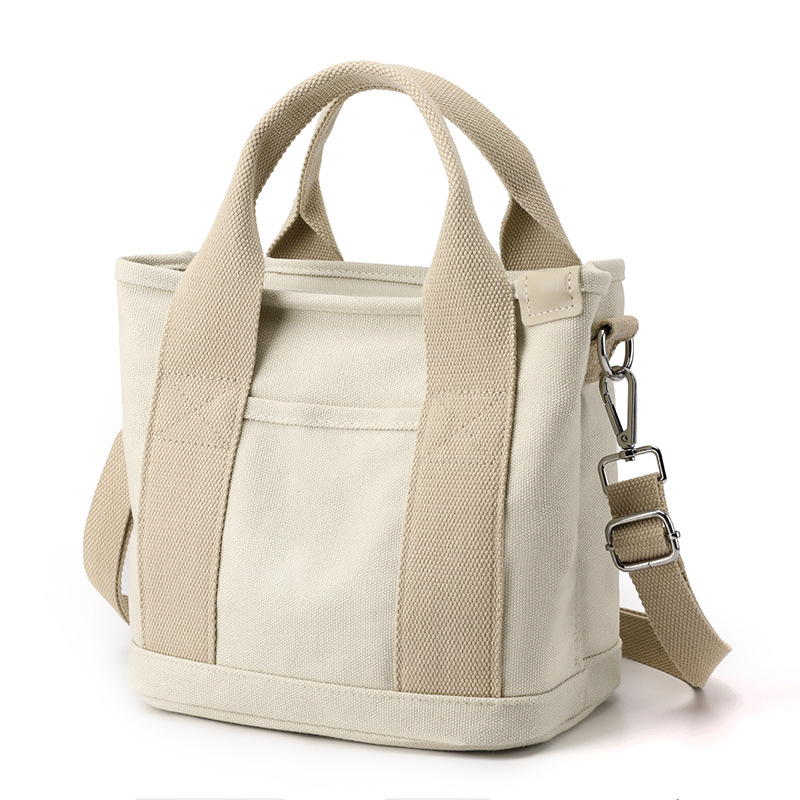 Beige Small Canvas Tote Bag Crossbody Lunch Handbag with Adjustable Strap Fits