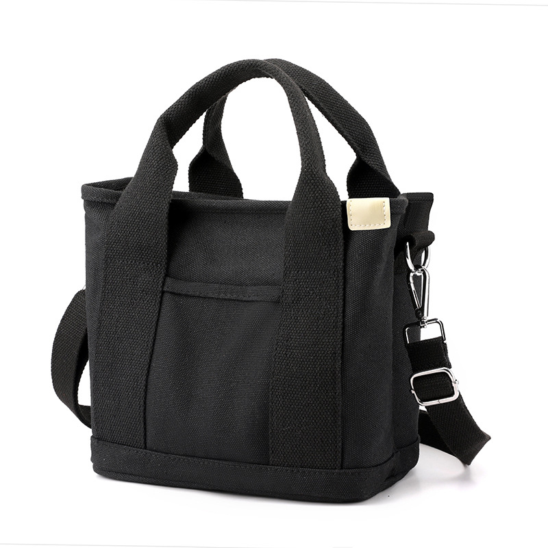 Black Small Canvas Tote Bag Crossbody Lunch Handbag with Adjustable Strap Fits