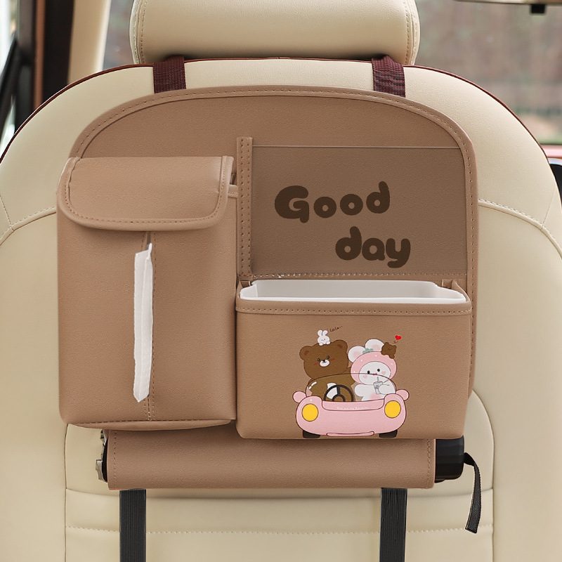 Brown Cute Bear Car Back Seat Organiser PU Leather Hanging Storage Pouch with