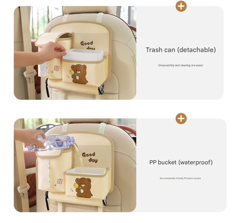 Brown Cute Bear Car Back Seat Organiser PU Leather Hanging Storage Pouch with view 4