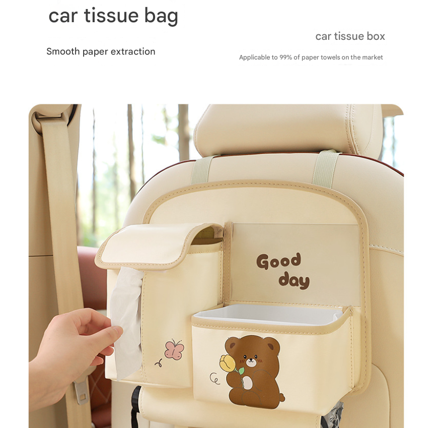 Brown Cute Bear Car Back Seat Organiser PU Leather Hanging Storage Pouch with view 5