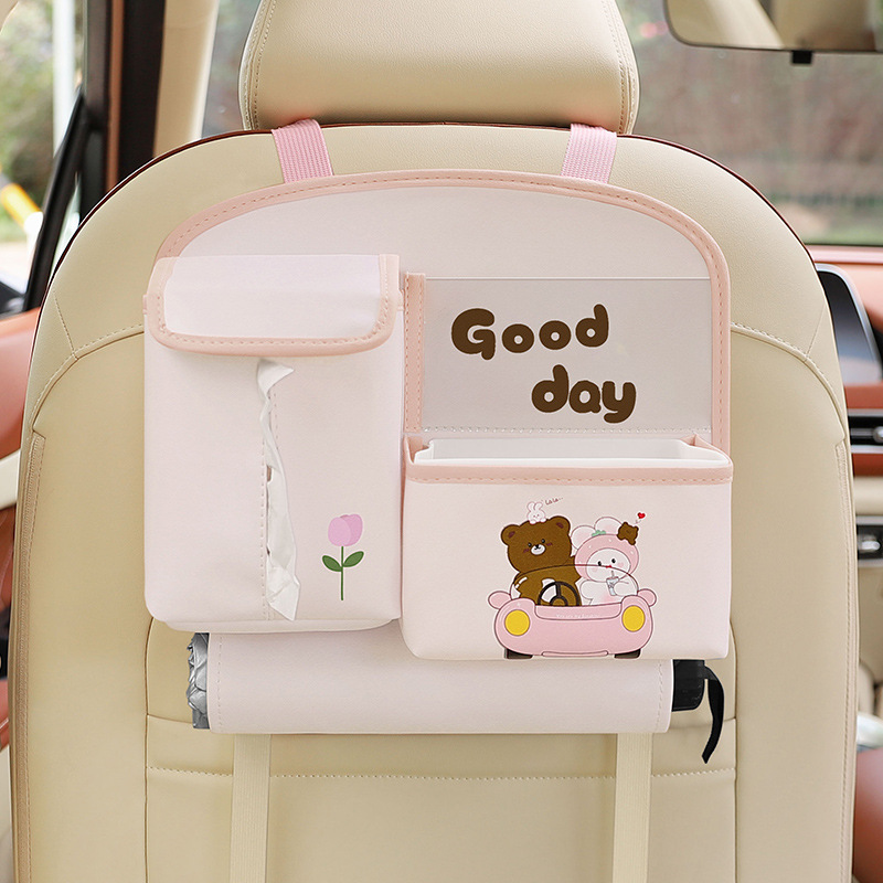 Pink Cute Bear Car Back Seat Organiser PU Leather Hanging Storage Pouch with