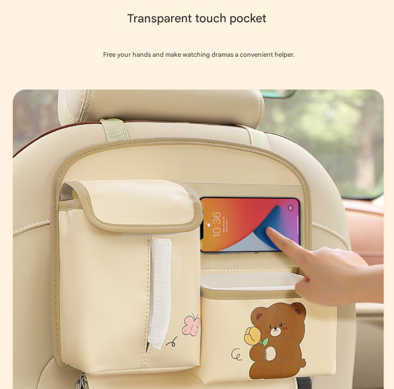 Pink Cute Bear Car Back Seat Organiser PU Leather Hanging Storage Pouch with view 3