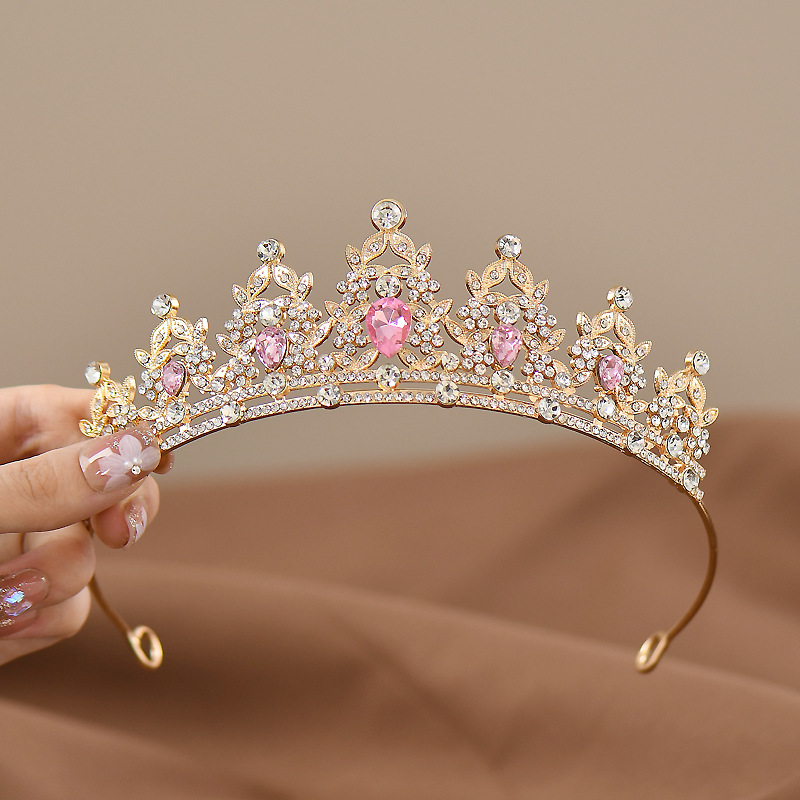 Golden-pink Girls Princess Tiara Crown Crystal Rhinestone Headpiece 14cm