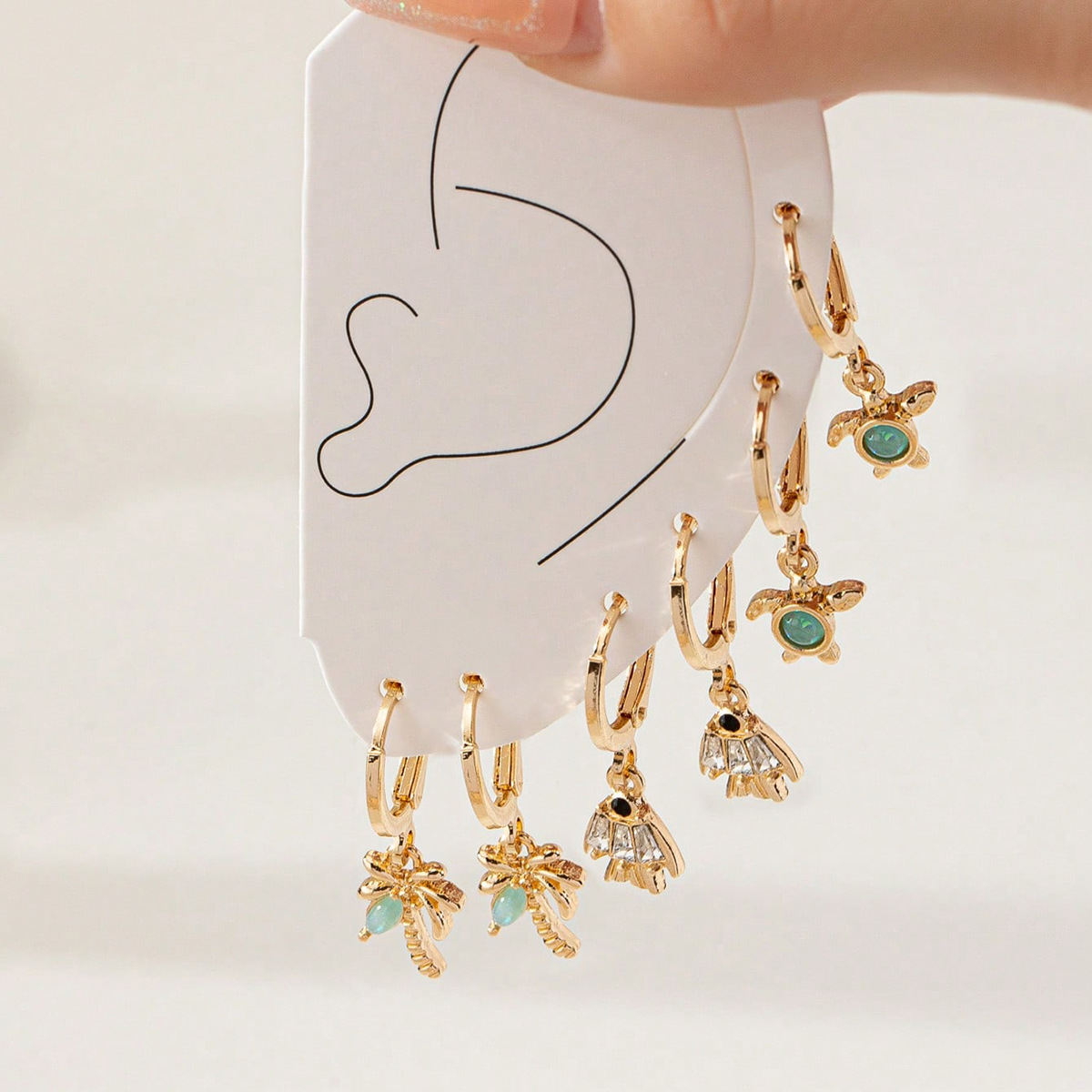3 Pair Gold Tone Huggie Hoop Earrings Set Tropical Palm Tree Sea Turtle and