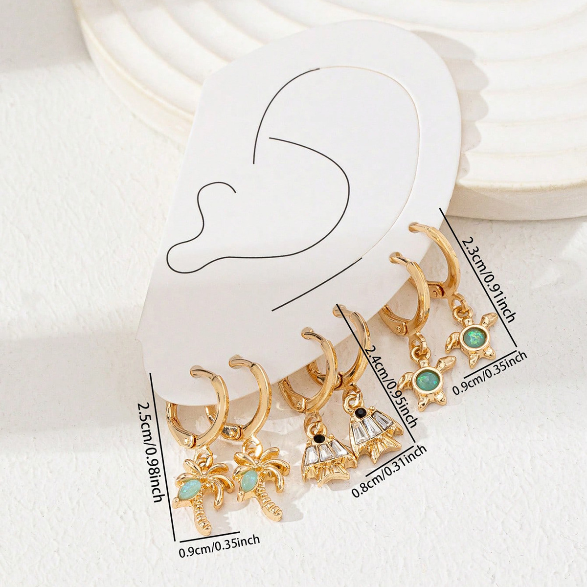 3 Pair Gold Tone Huggie Hoop Earrings Set Tropical Palm Tree Sea Turtle and view 5