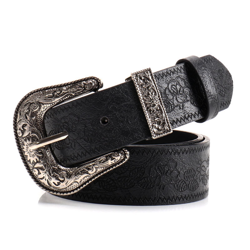 Black Women's Western Style Embossed Belt 2 Pack Vintage PU Leather Waistband