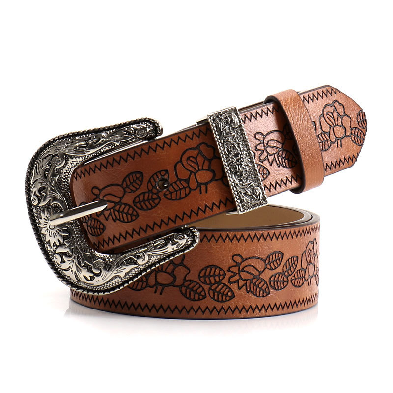 Brown Women's Western Style Embossed Belt 2 Pack Vintage PU Leather Waistband