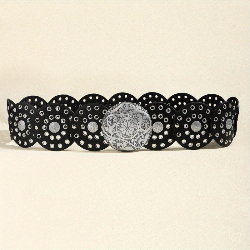 Women's Y2K Vintage Style Wide Waist Belt Black Faux Leather Disc Linked