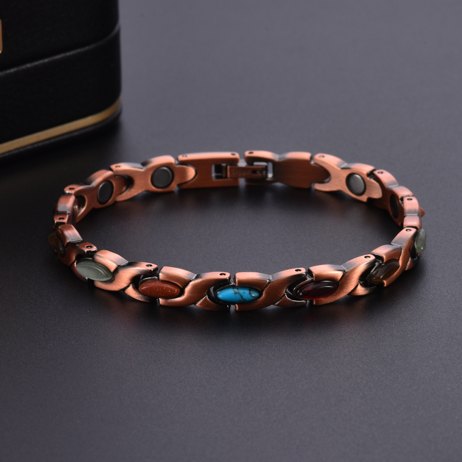 Vintage Copper Tone Magnetic Bracelet Unisex Fish Link Chain with Colourful view 3