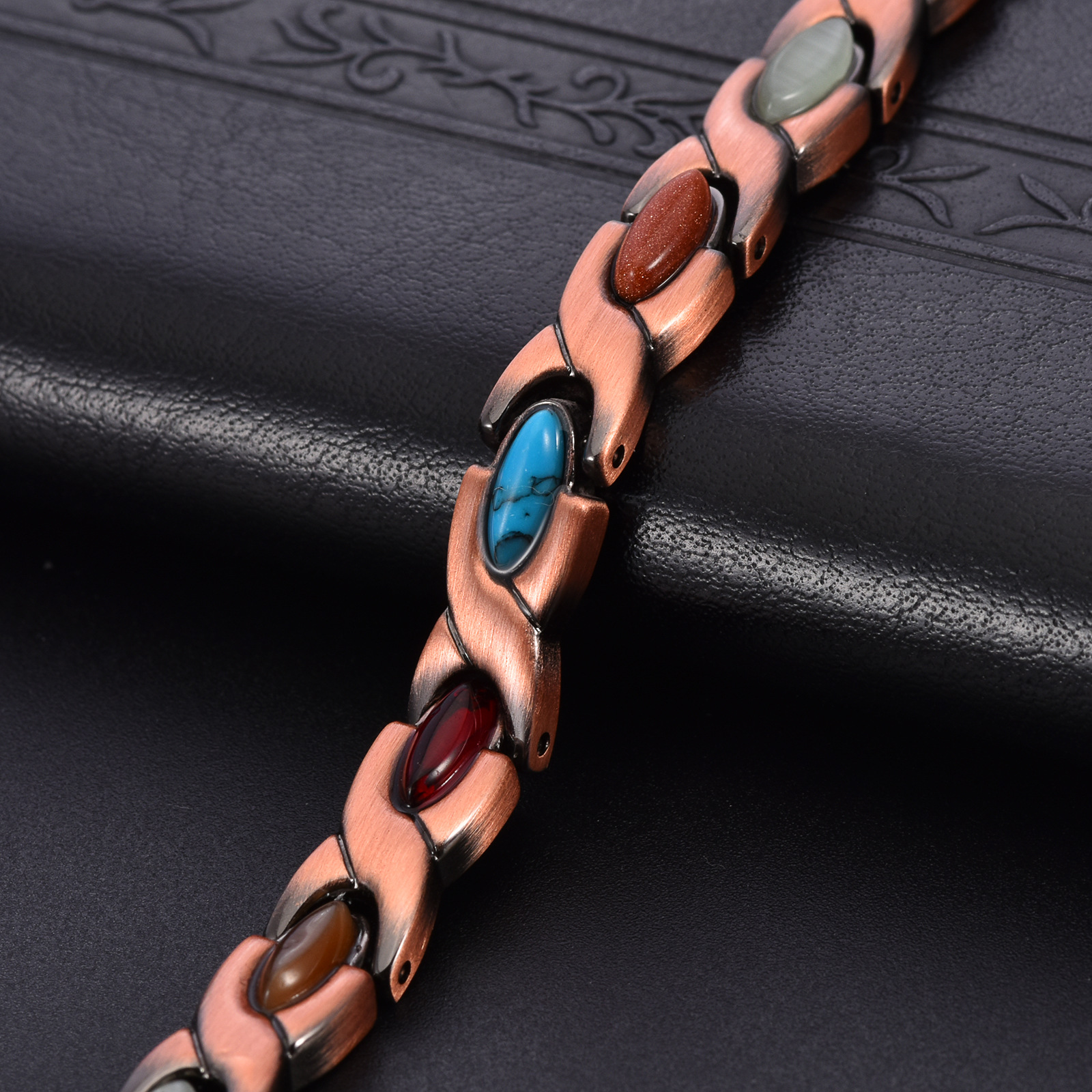 Vintage Copper Tone Magnetic Bracelet Unisex Fish Link Chain with Colourful view 4