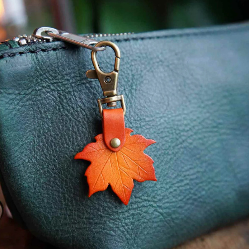 Orange 3 Pack PU Leather Maple Leaf Keychain Set Vintage Style Autumn Leaf — image 1