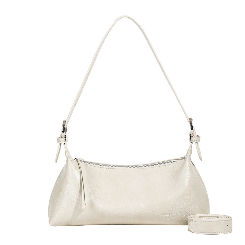 Beige Women's Metallic Silver Underarm Baguette Bag French Style PU Leather