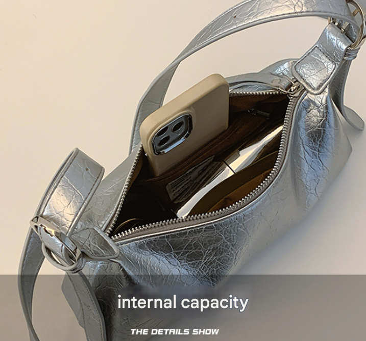 Beige Women's Metallic Silver Underarm Baguette Bag French Style PU Leather view 3