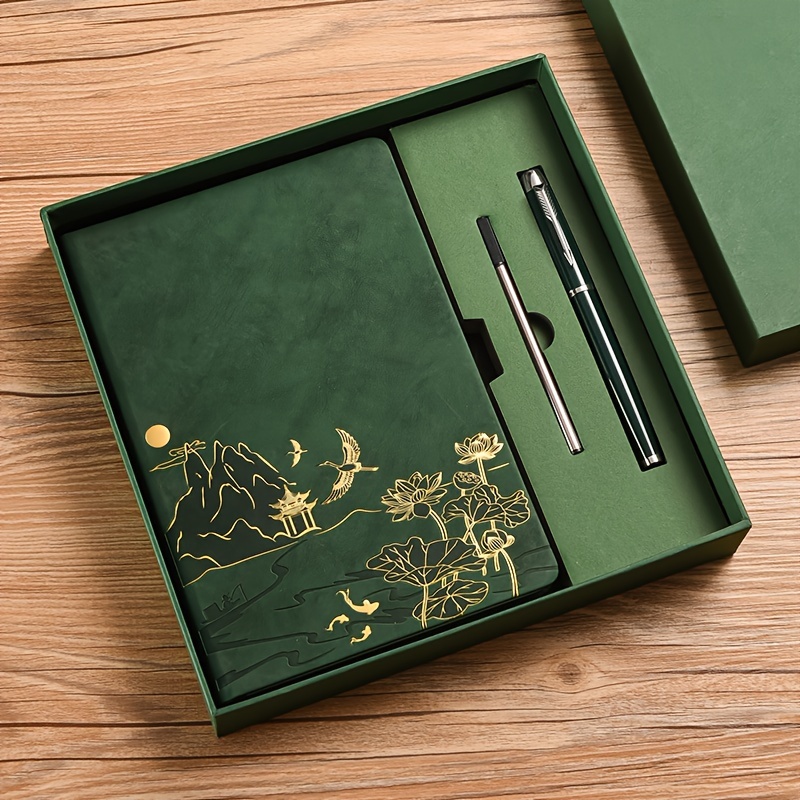 Green A5 Premium Notebook Gift Set with Pen - PU Leather Journal with Gold — image 1