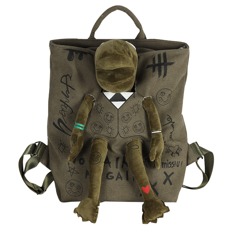 Green 3D Frog Graffiti Canvas Backpack Large Capacity 37x40cm School Bag for