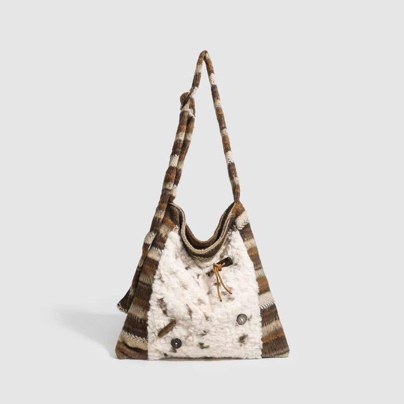 Women's Fur Splicing Large Tote Bag Wool Knit Shoulder Crossbody Bag for