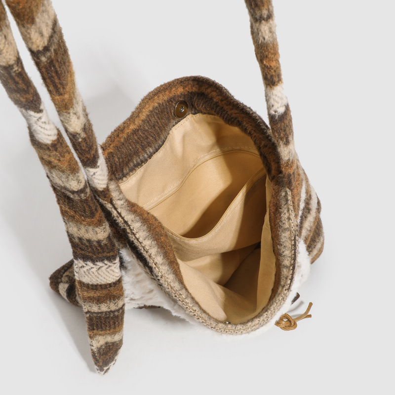 Women's Fur Splicing Large Tote Bag Wool Knit Shoulder Crossbody Bag for view 2