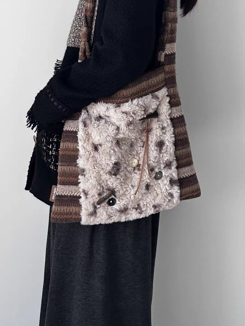 Women's Fur Splicing Large Tote Bag Wool Knit Shoulder Crossbody Bag for view 4