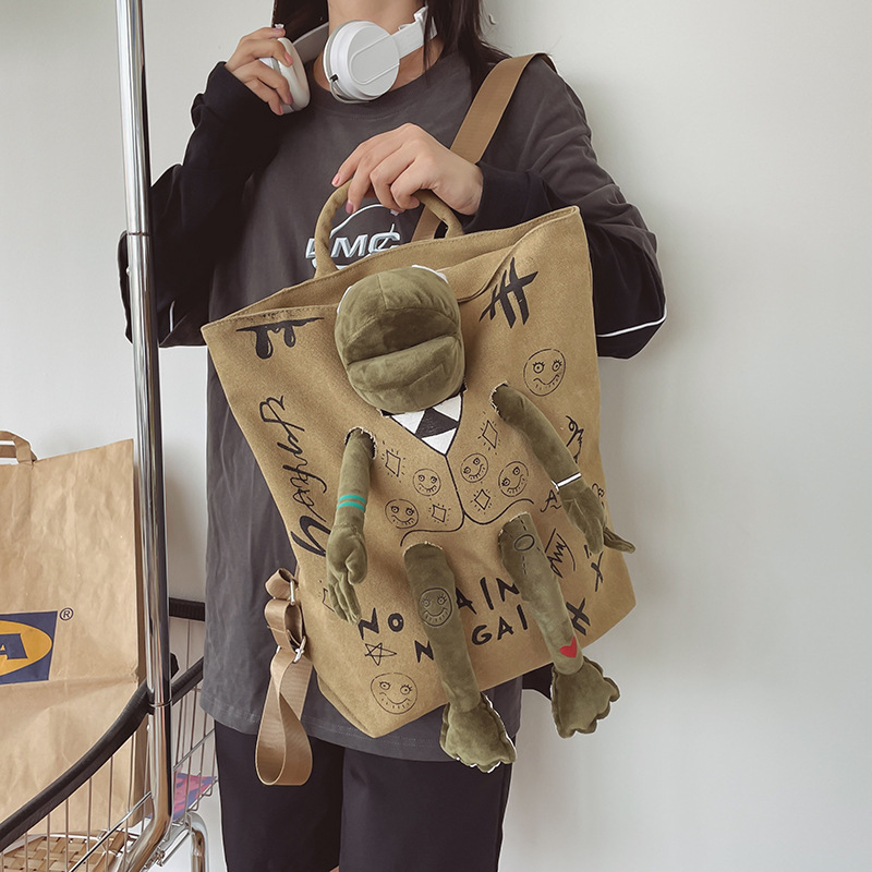 Khaki 3D Frog Graffiti Canvas Backpack Large Capacity 37x40cm School Bag for