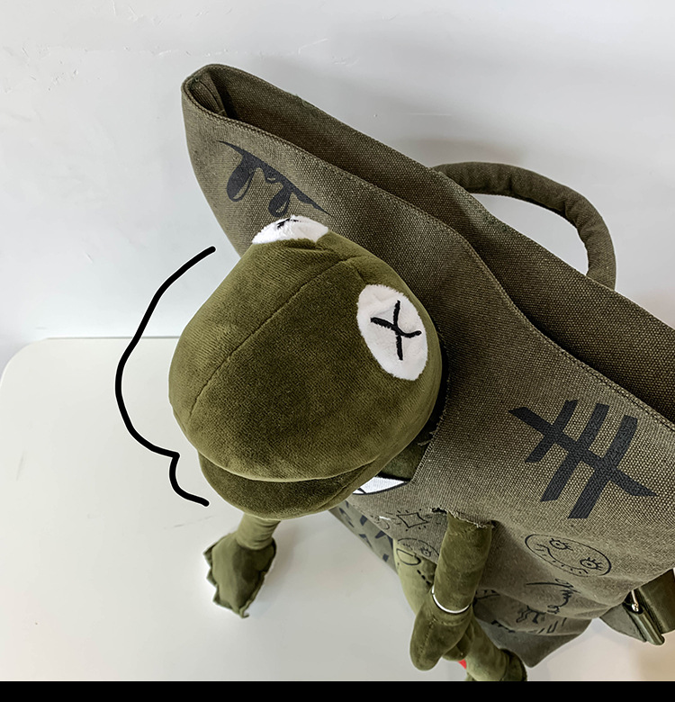 Khaki 3D Frog Graffiti Canvas Backpack Large Capacity 37x40cm School Bag for view 2
