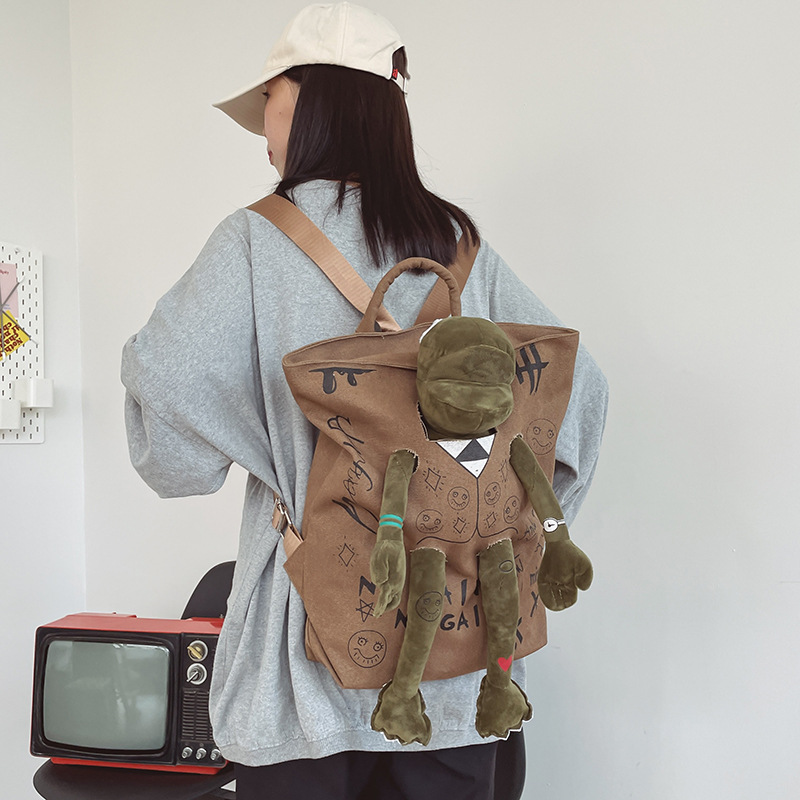 Coffee-brown 3D Frog Graffiti Canvas Backpack Large Capacity 37x40cm School