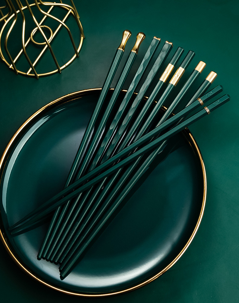 Two-piece Set Premium Alloy Chopsticks Set of 5 Pairs - 24.3cm Emerald Green