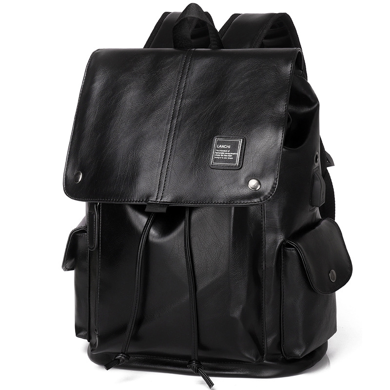 Black Men's Fashion PU Leather Backpack - Large Capacity 42cm Laptop Rucksack