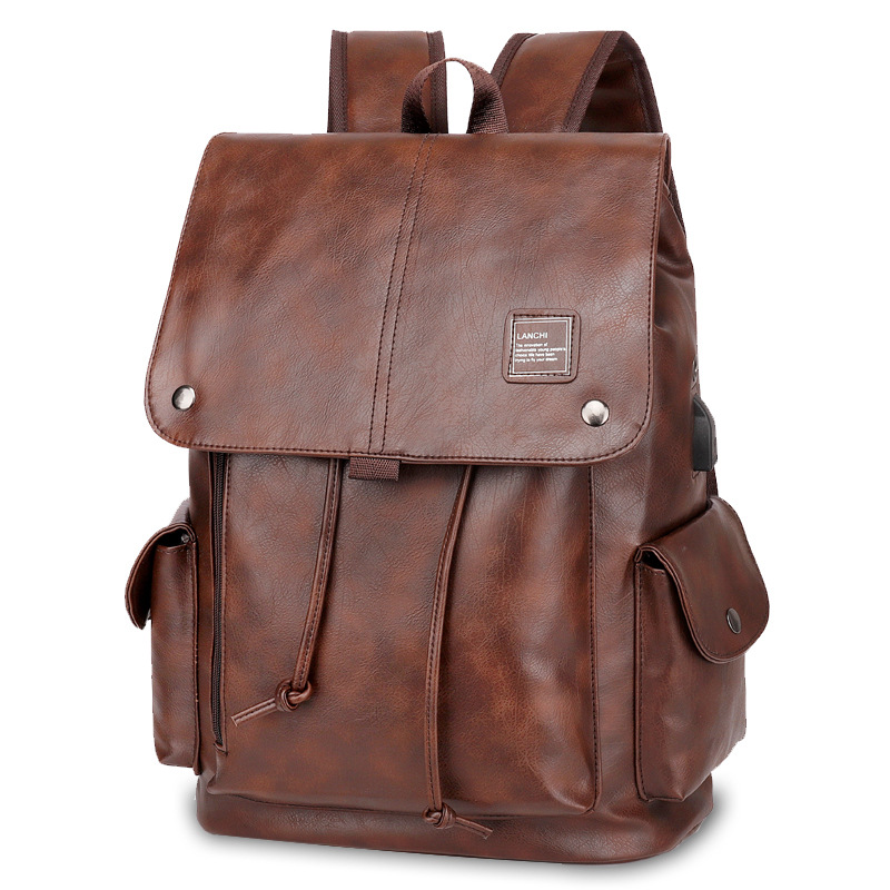 Dark Brown Men's Fashion PU Leather Backpack - Large Capacity 42cm Laptop