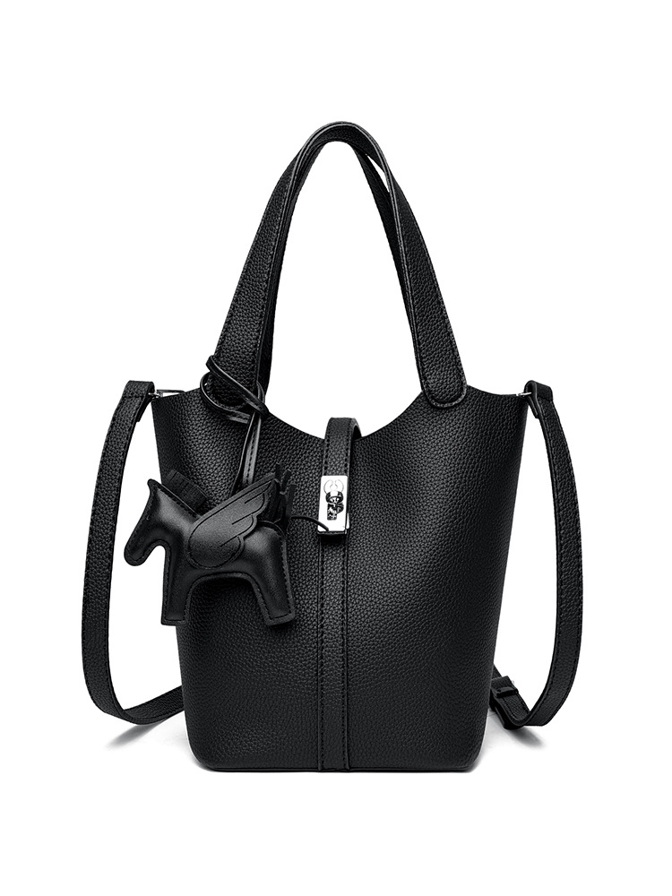 Black Women's Small PU Leather Bucket Bag with Secure Lock and Horse Charm