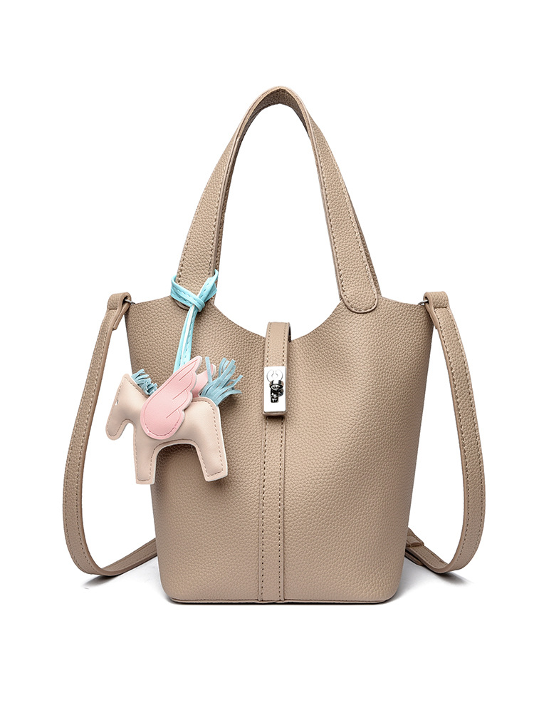 Khaki Women's Small PU Leather Bucket Bag with Secure Lock and Horse Charm