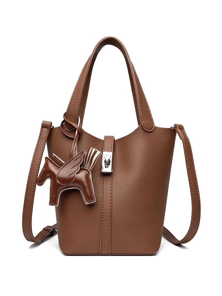 Brown Women's Small PU Leather Bucket Bag with Secure Lock and Horse Charm