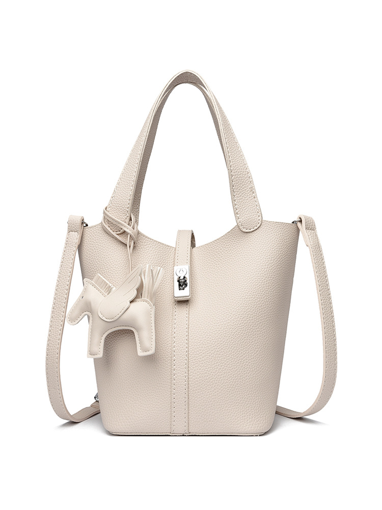 Beige Women's Small PU Leather Bucket Bag with Secure Lock and Horse Charm