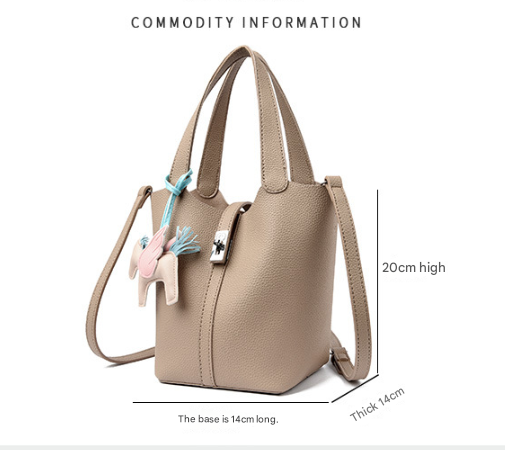 Beige Women's Small PU Leather Bucket Bag with Secure Lock and Horse Charm view 2