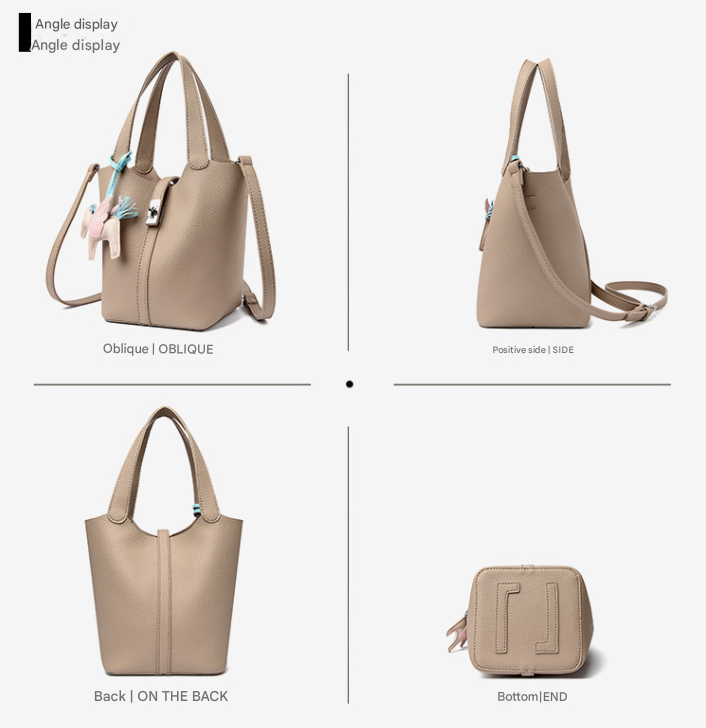 Beige Women's Small PU Leather Bucket Bag with Secure Lock and Horse Charm view 3