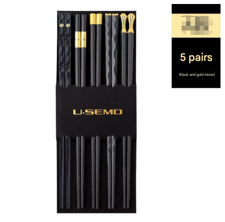 Two-piece Set Premium Alloy Chopsticks Set of 5 Pairs - 24.3cm Black and Gold